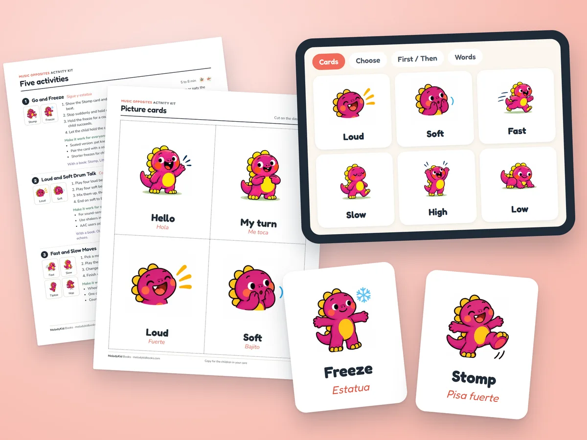 An activity kit: printed pages, picture cards, and the kit on a tablet